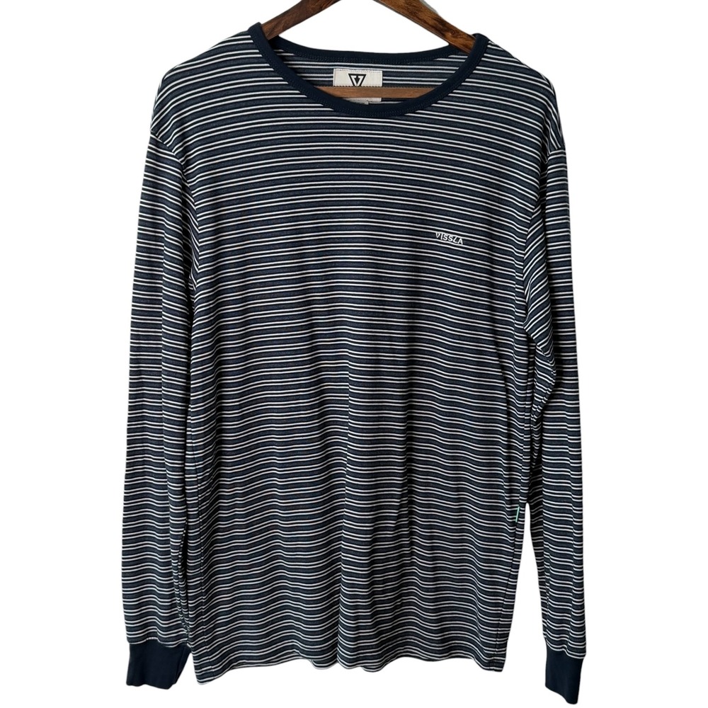 Vissla Mens Long Sleeve Striped T-Shirt Navy Blue White Very Soft Size Medium